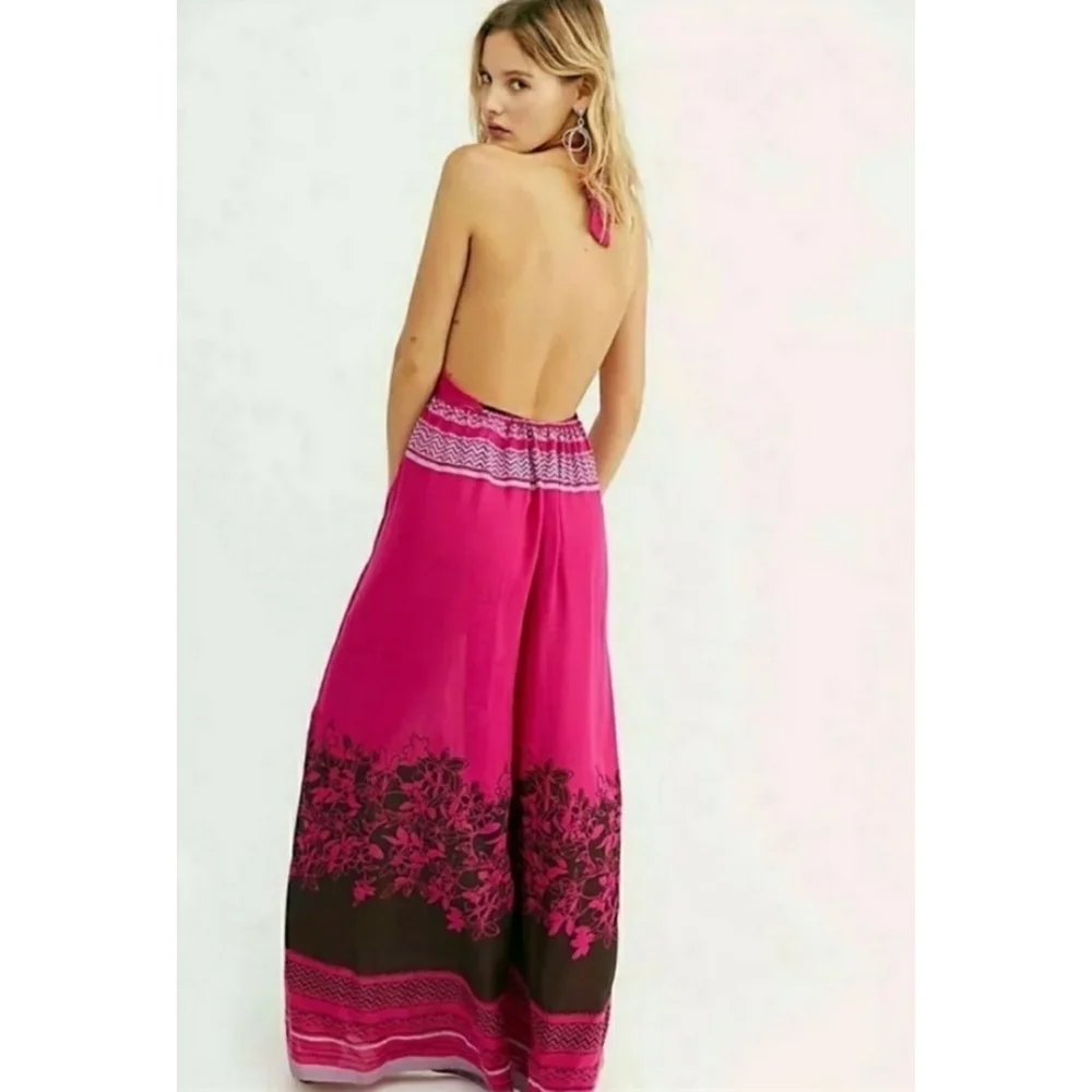 FREE PEOPLE // boho fuchsia print open back wide leg halter style jumpsuit